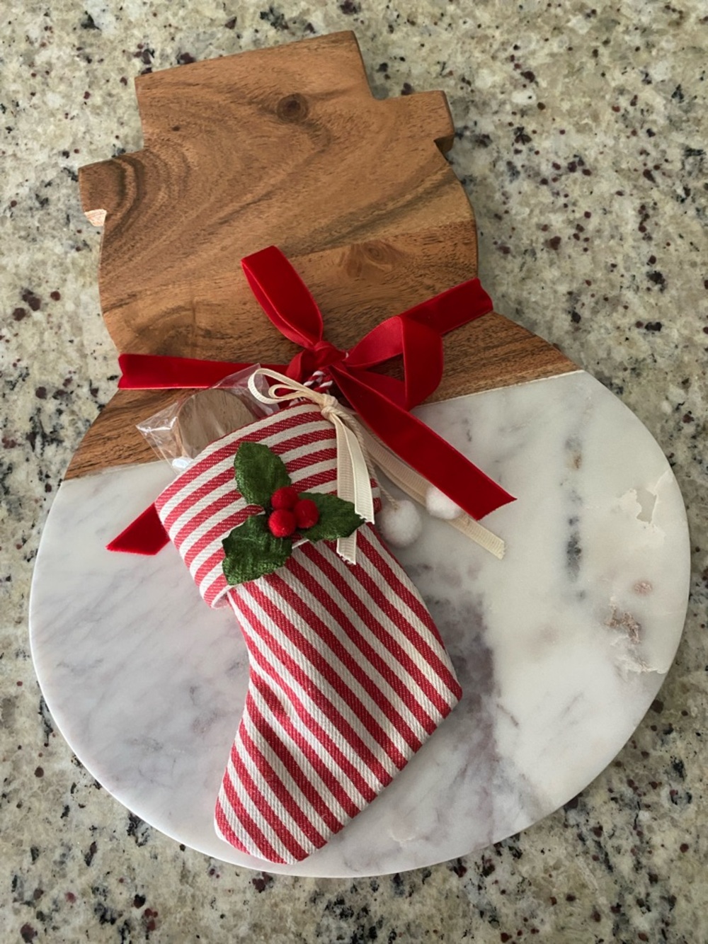 Snowman Cutting Board/Serving Tray with Festive Red Striped Holiday Stocking